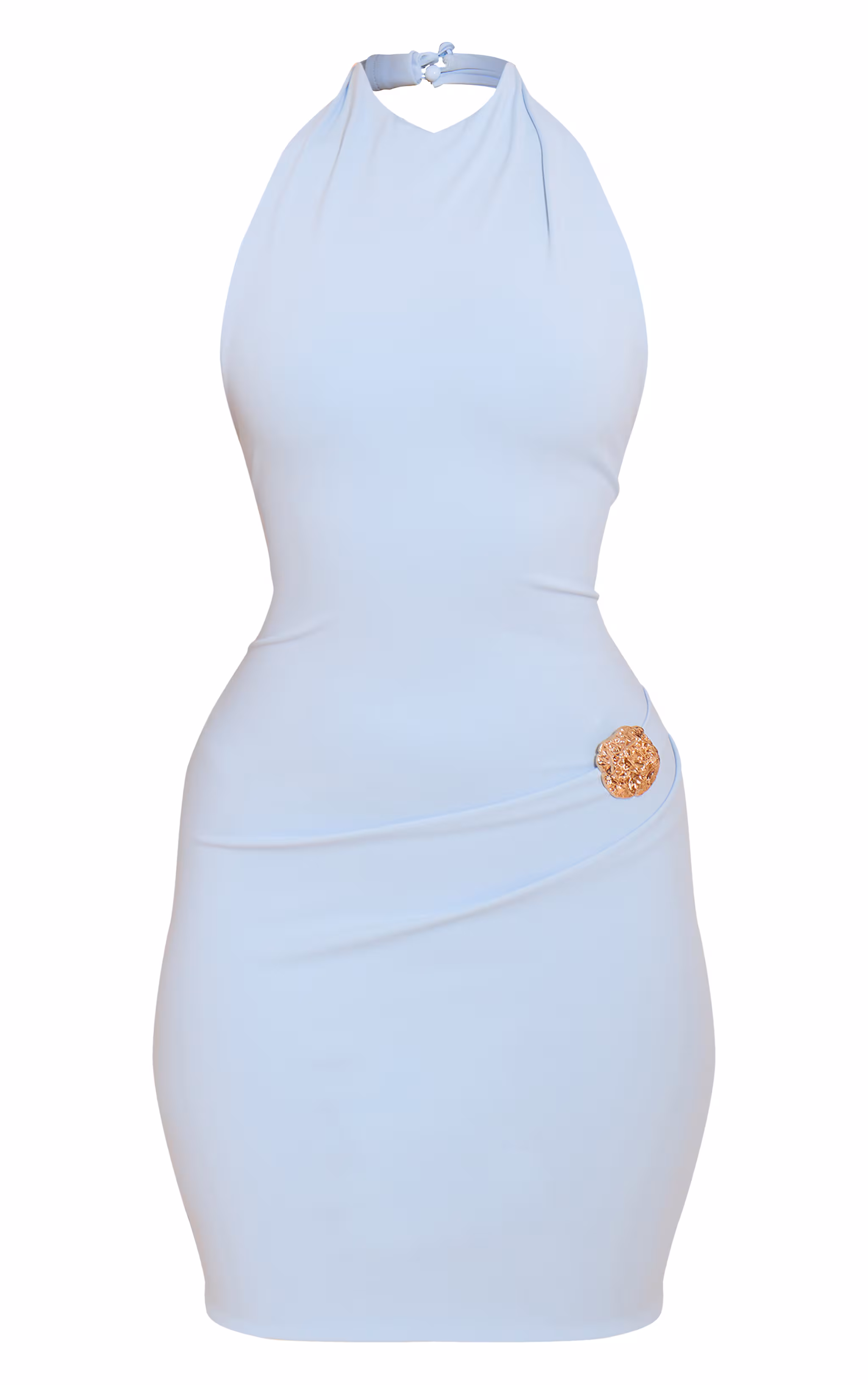 Baby Blue Soft Touch Halter Neck Trim Detail Ruched Mini Dress