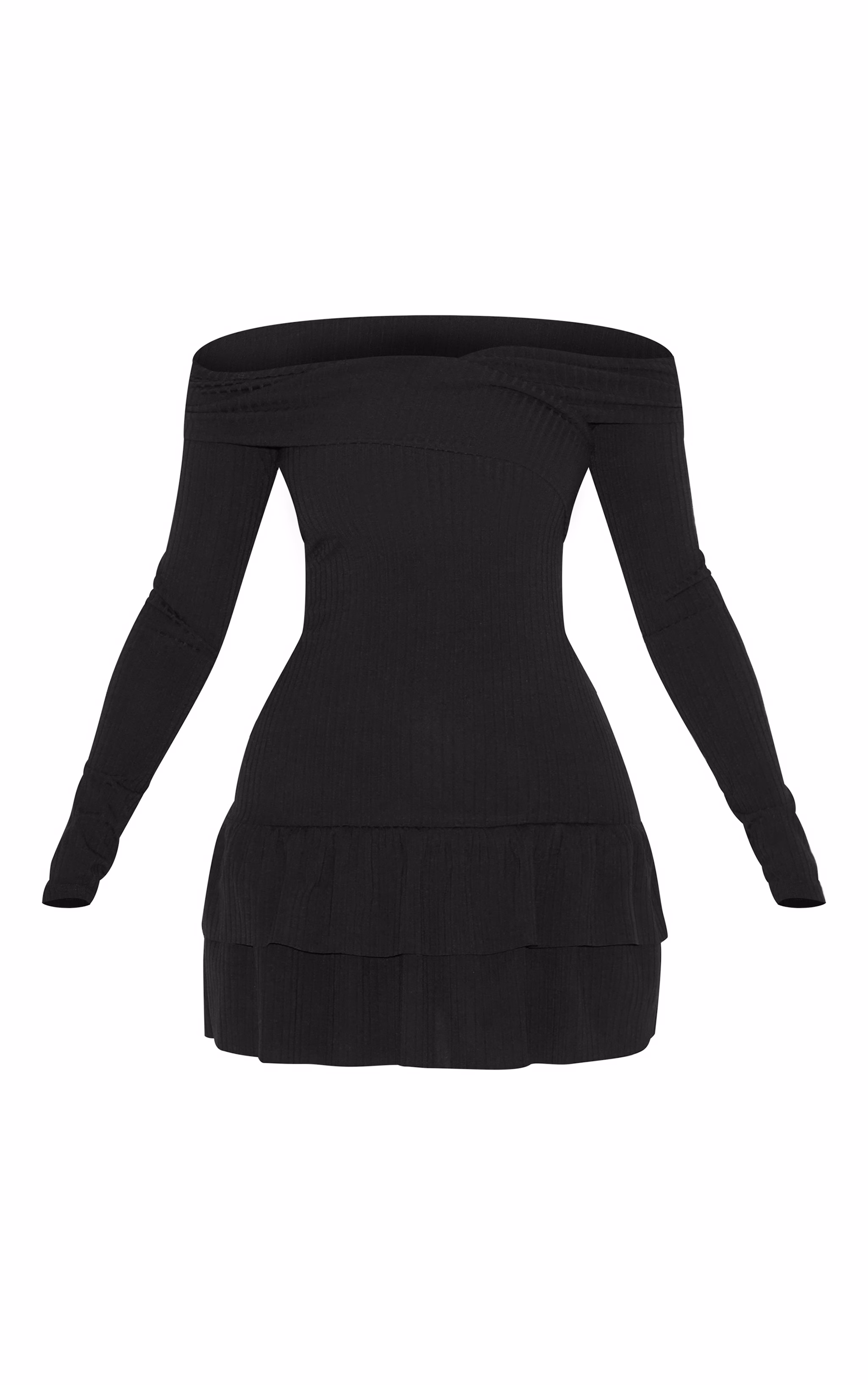 Black Ribbed Bardot Cross Over Bust Detail Shift Dress