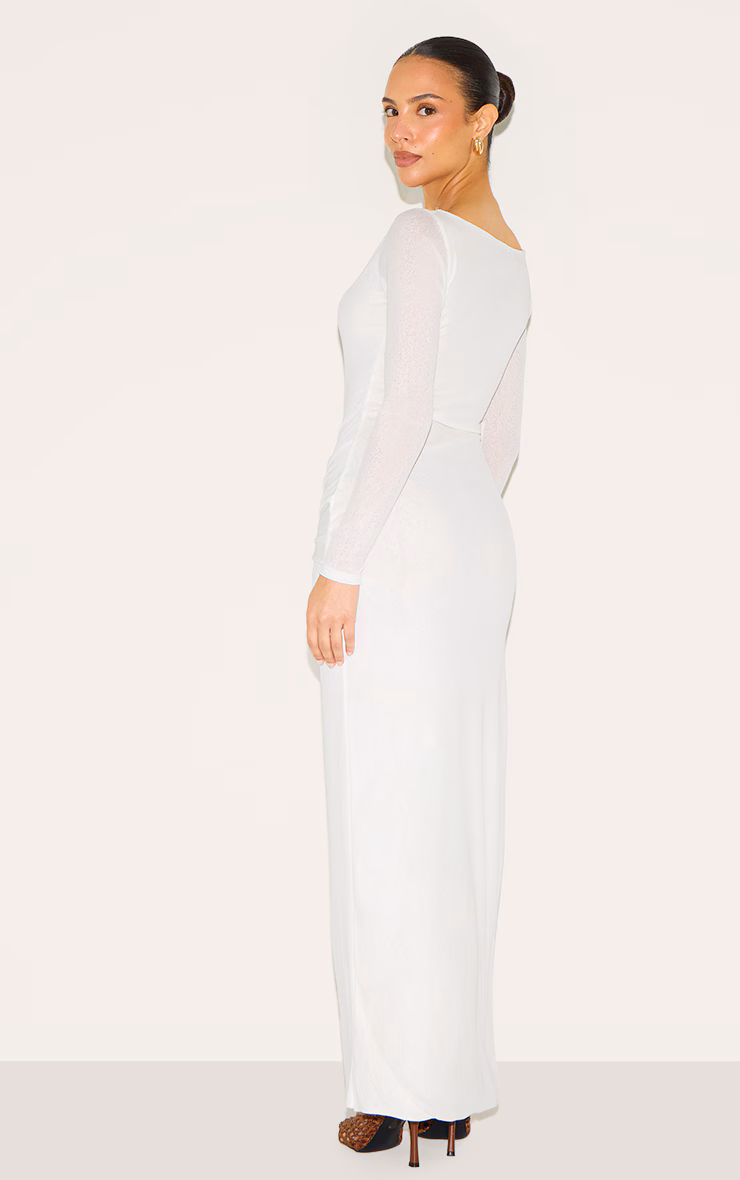 Petite White Long Sleeve Sheer Tie Front Maxi Dress
