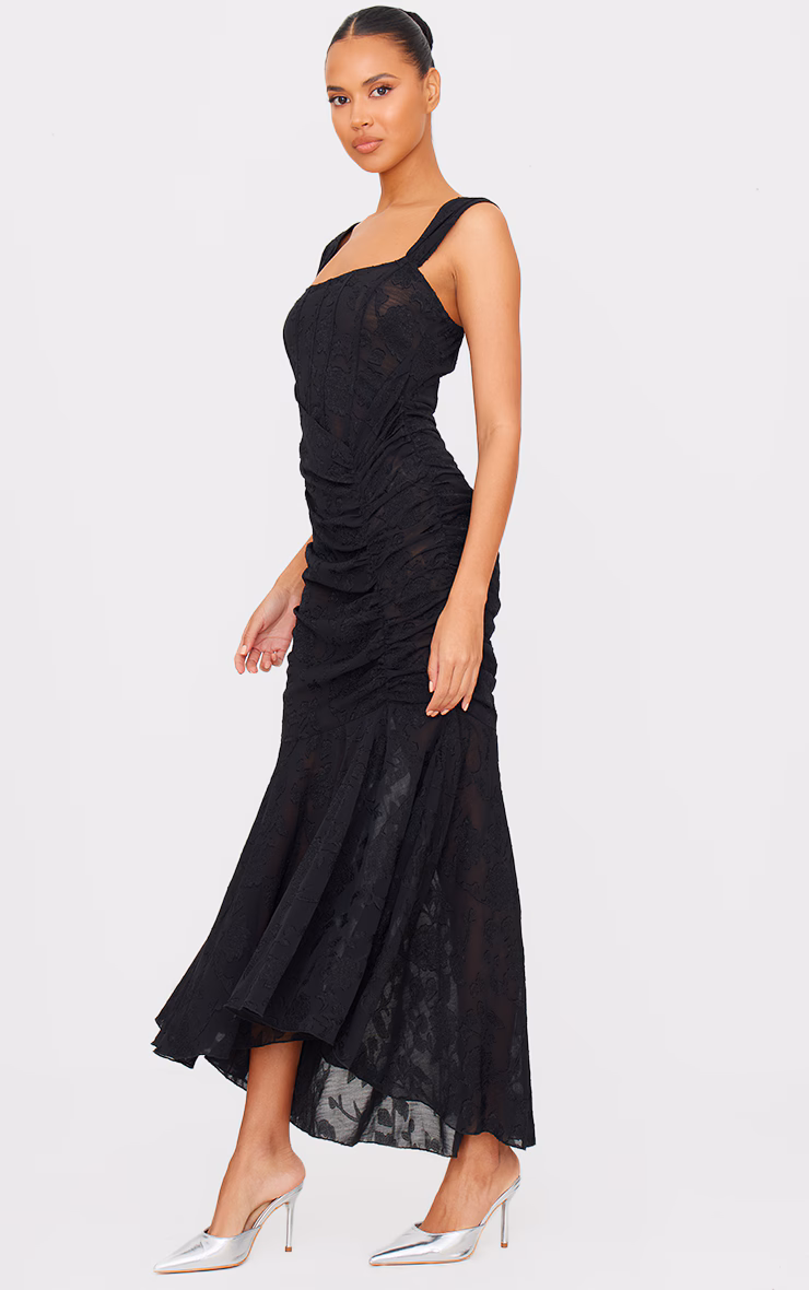 Black Burnout Side Ruched Midi Dress