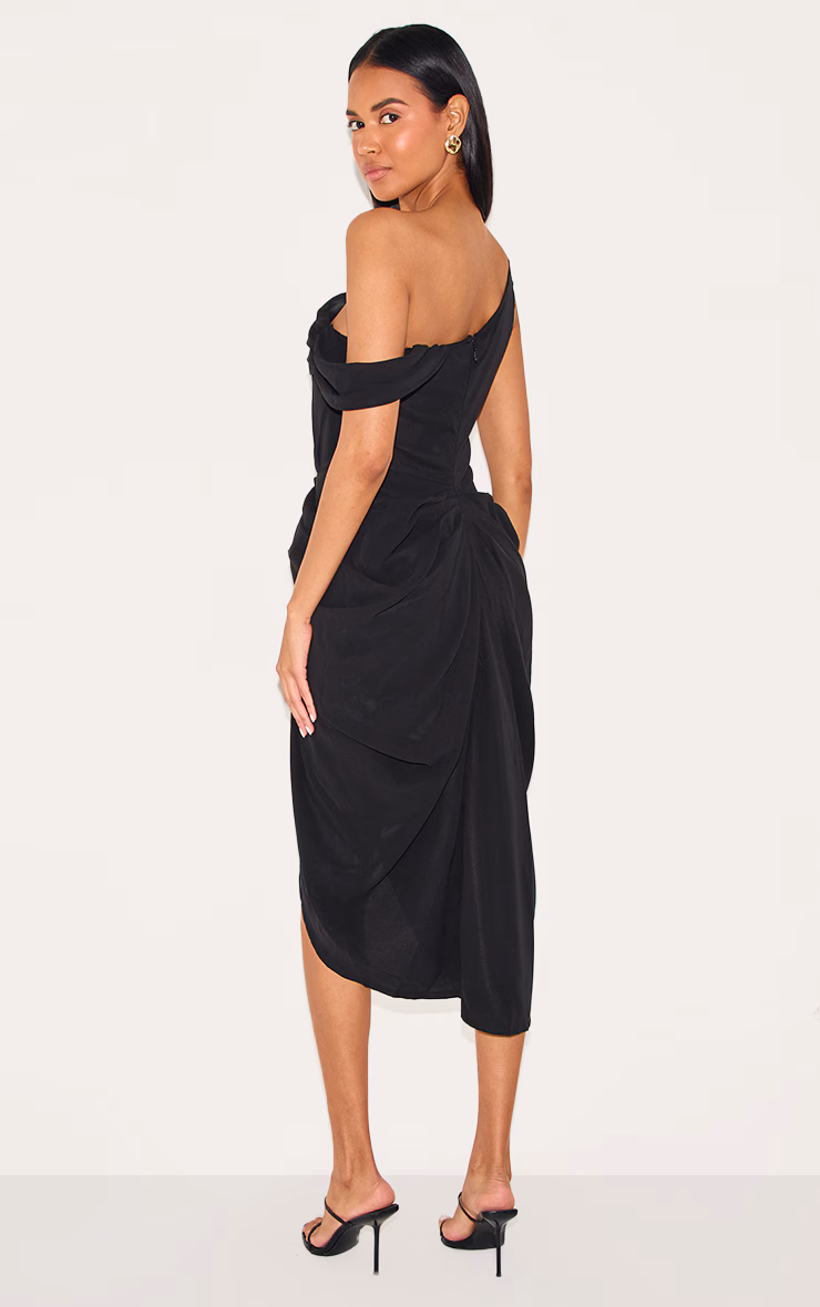 Black Chiffon Asymmetric Strap Draped Midi Dress