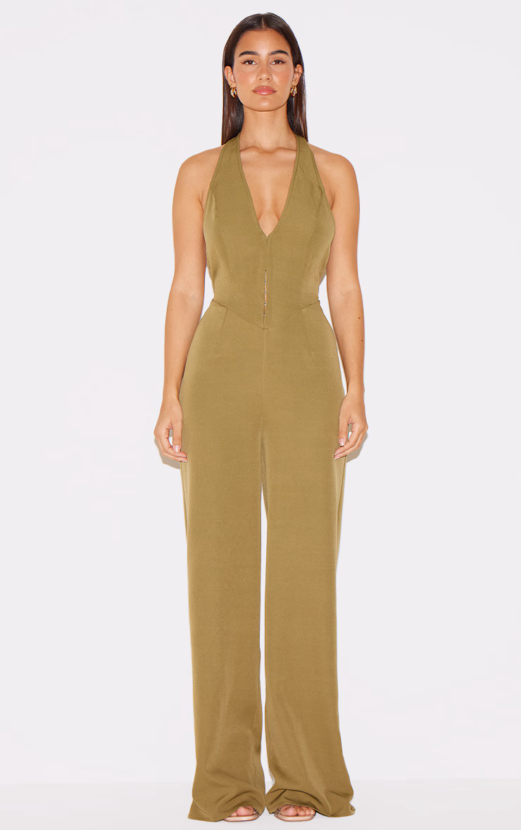 Khaki Woven Halter Neck Hook And Eye Detail Wide Leg Jumpsuit