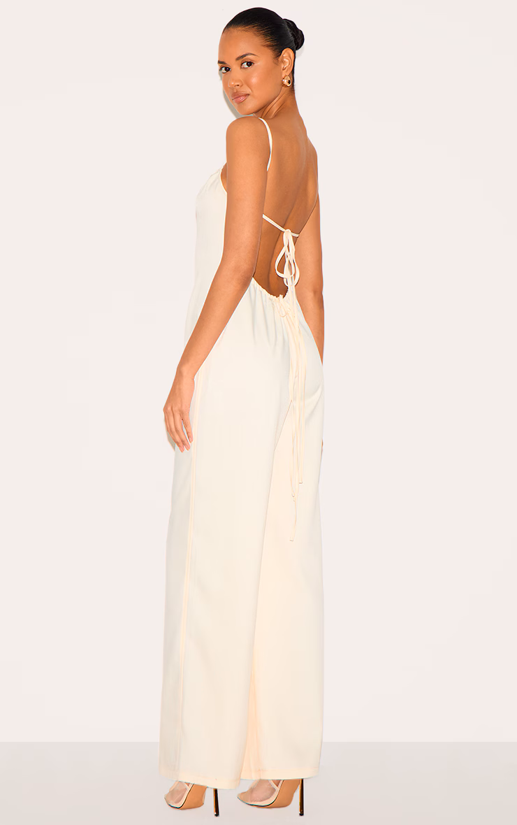 Cream Woven Backless Square Neck Wide Leg Jumpsuit