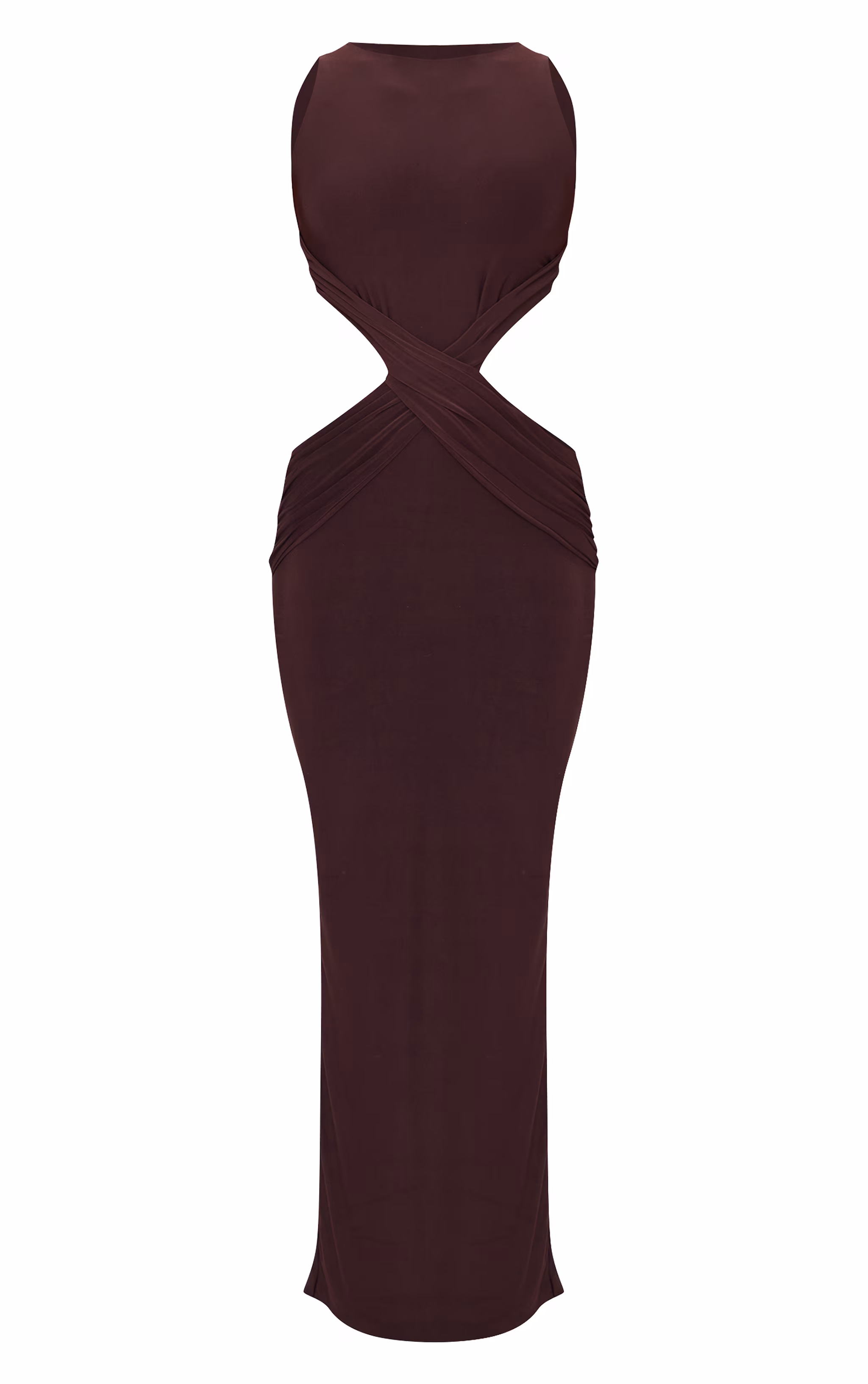 Chocolate Double Layer Slinky Twist Front Maxi Dress