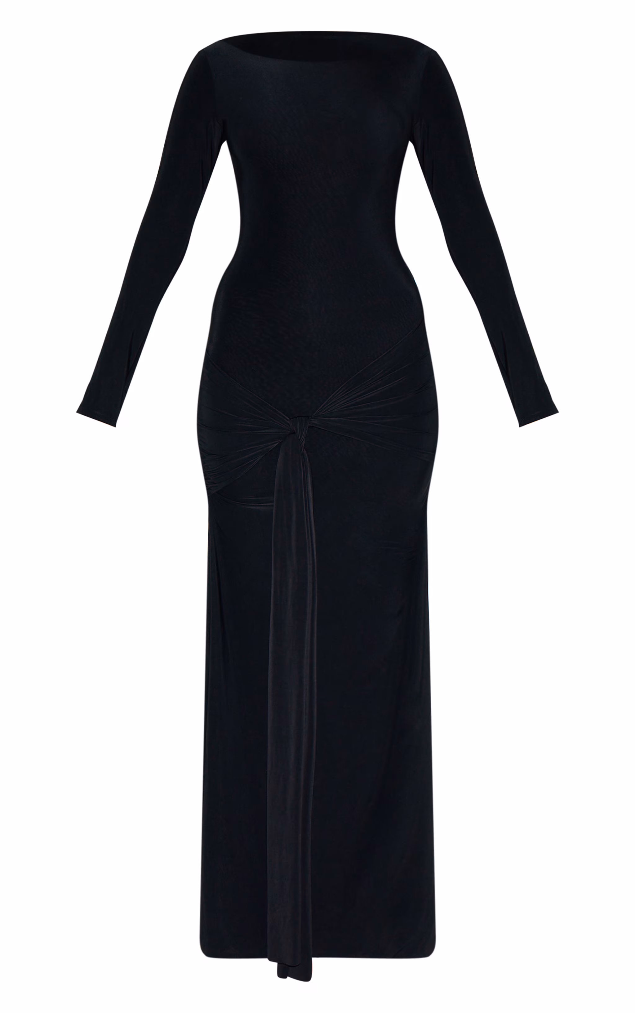 Black Double Layer Slinky Drop Waist Knot Detail Maxi Dress