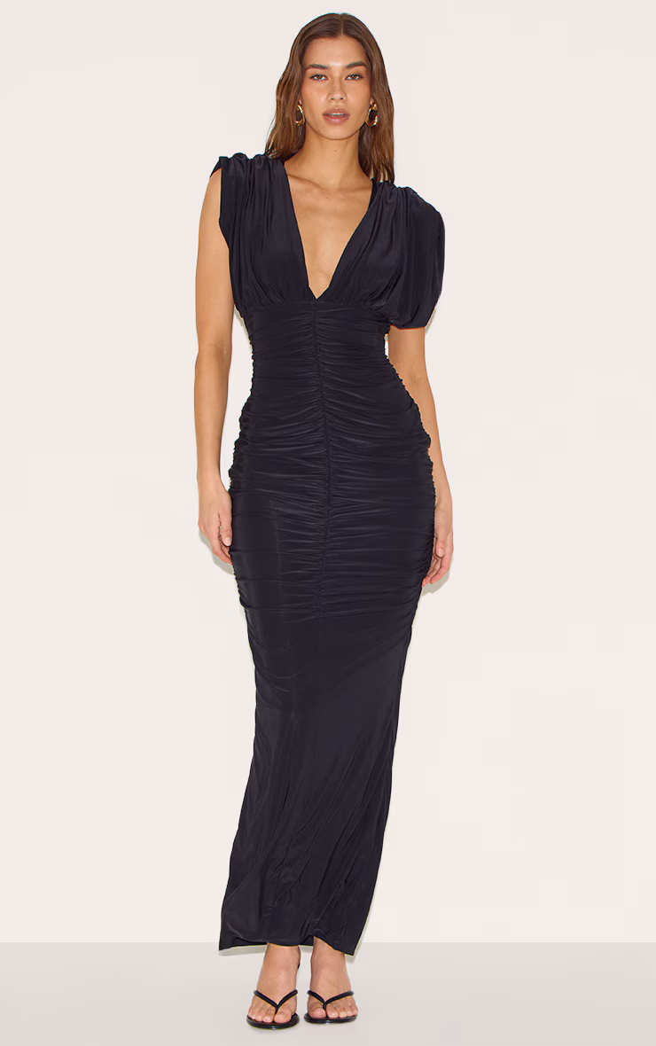 Black Double Layer Slinky Ruched Batwing Maxi Dress