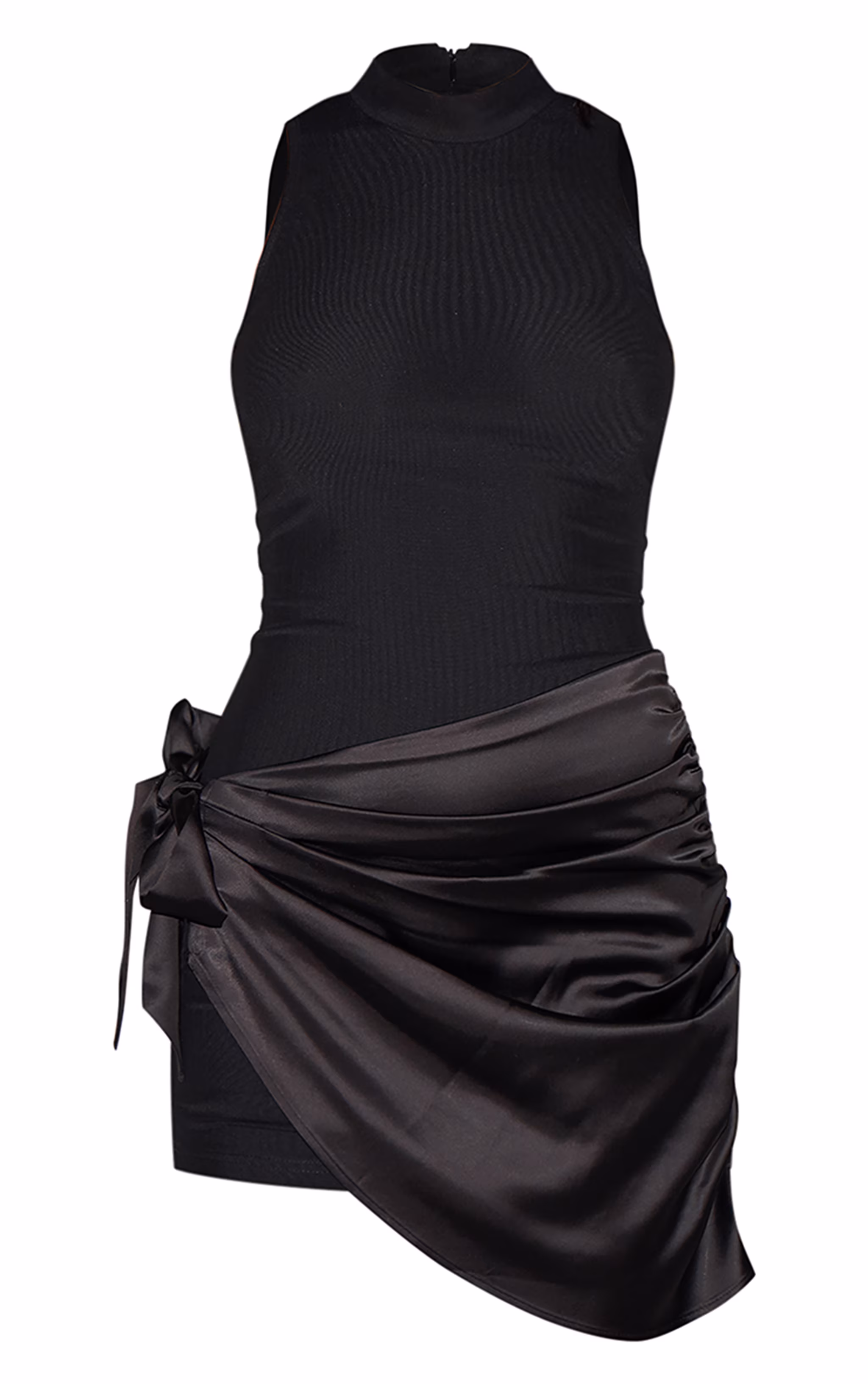 Black Woven High Neck Satin Drape Mini Dress
