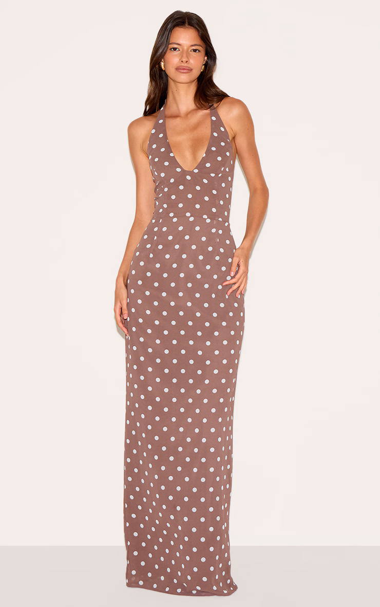 Chocolate Chiffon Polka Dot Printed Plunge Neck Maxi Dress