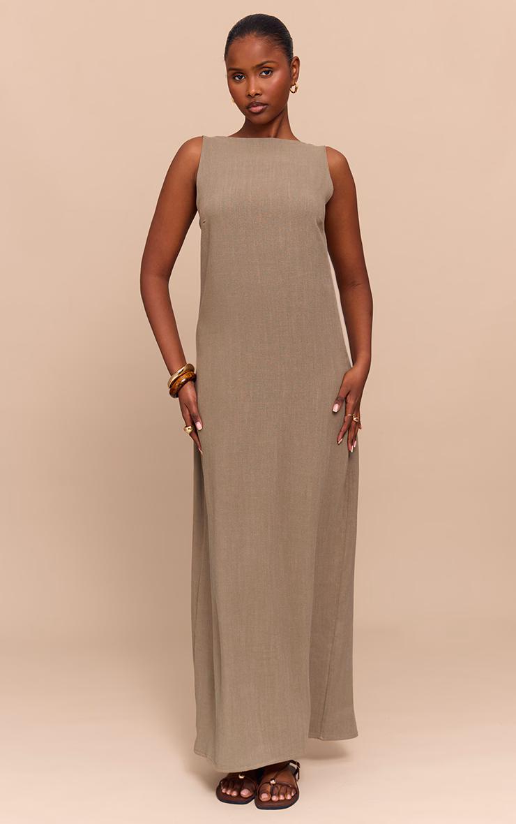 Khaki Textured Boat Neck Low Back Maxi Dress