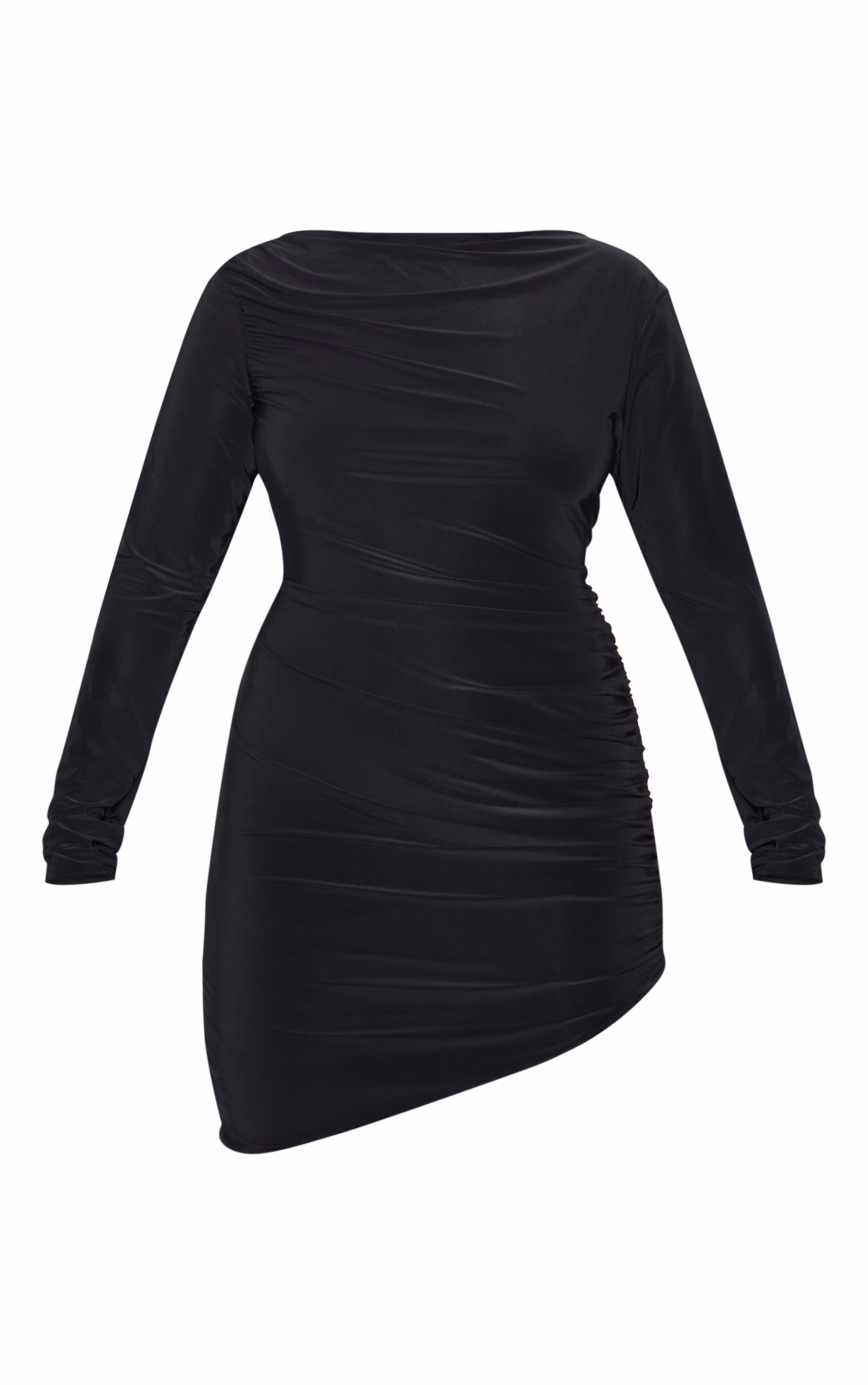 Plus Black Double Layer Slinky Ruched Long Sleeve Mini Dress