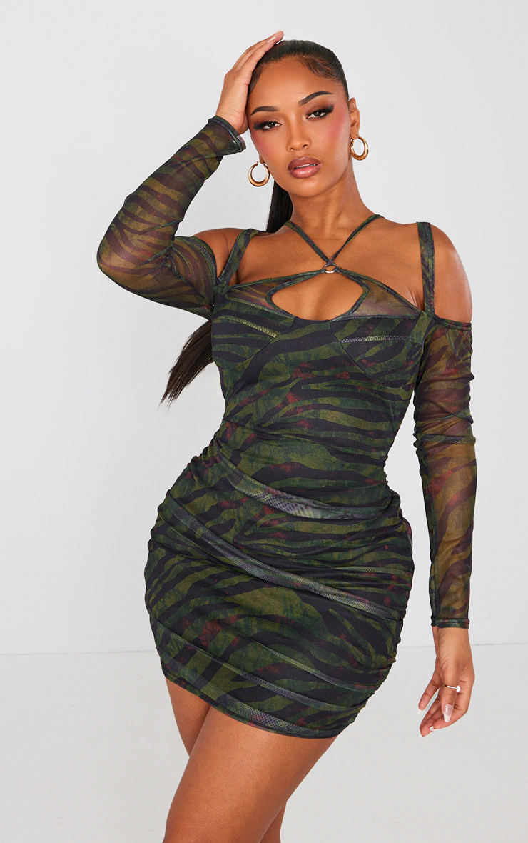 Shape Green Tiger Print Mesh Ring Halterneck Ruched Bodycon Dress