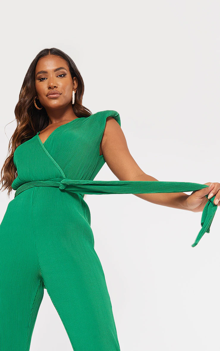 Bright Green  Pleated Shoulder Pad Flared Leg Jumpsuit
