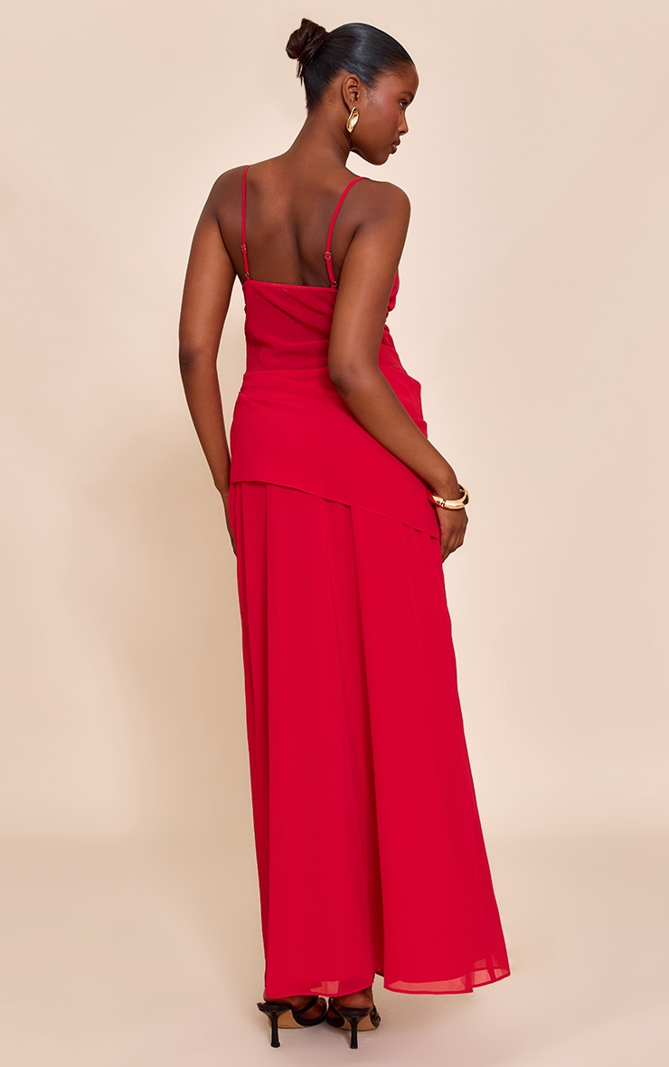 Tomato Red Chiffon Twist Cut Out Maxi Dress