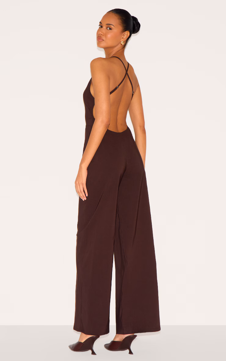 Dark Chocolate Stretch Woven Square Neck Wide Leg Jumpsuit