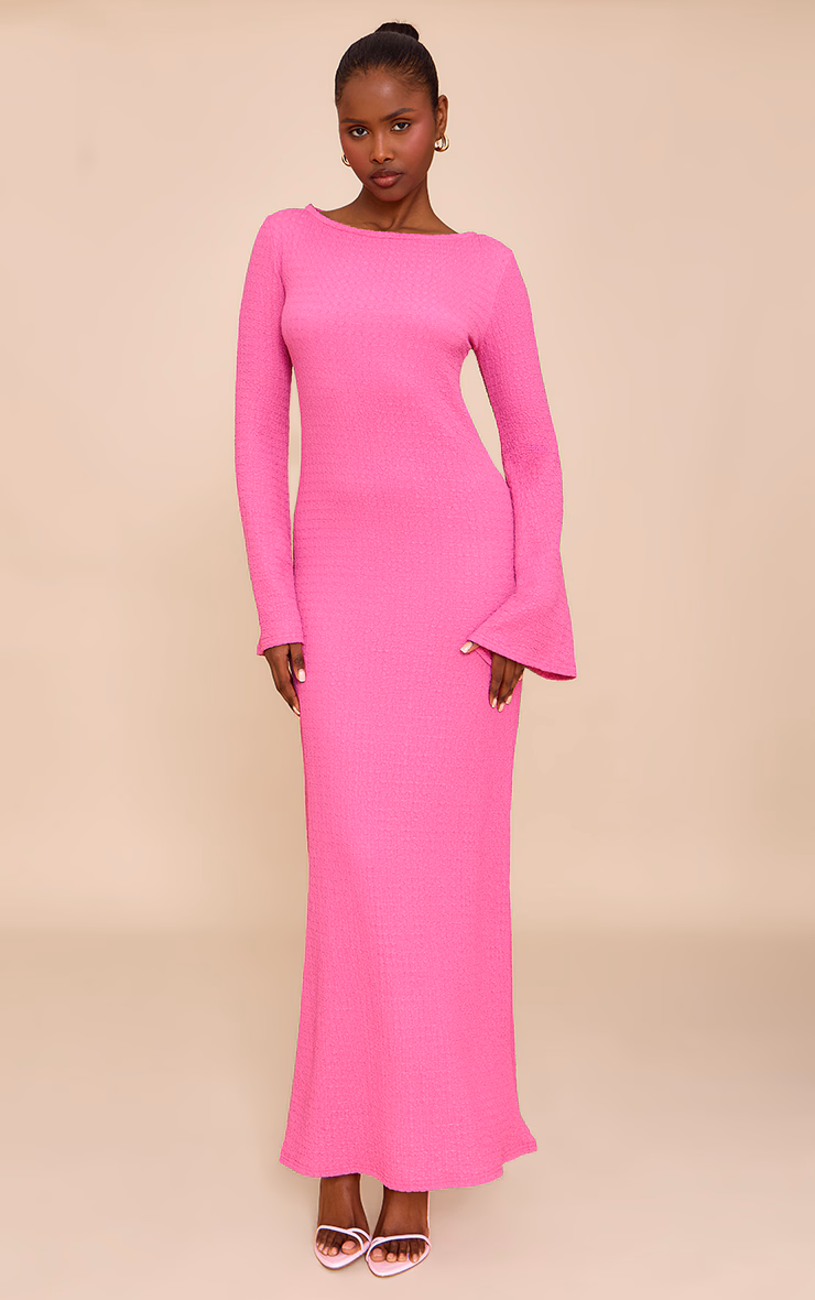 Fuschia Textured Long Sleeve Maxi Dress