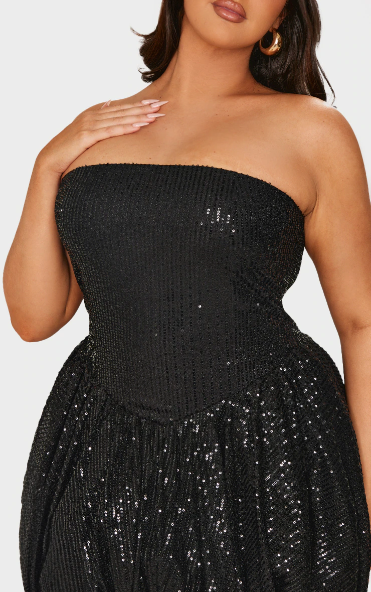 Plus Black Sequin Bandeau Mini Puffball Dress