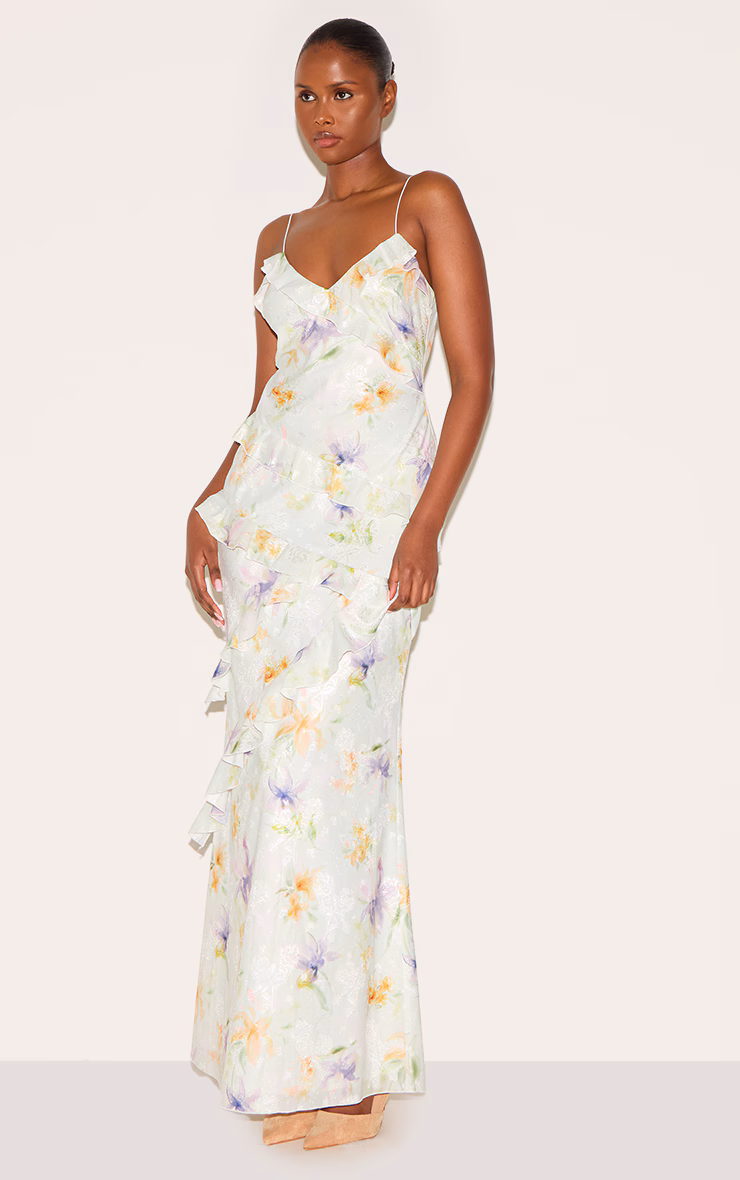 Multi Floral Embroidered Frill Maxi Dress
