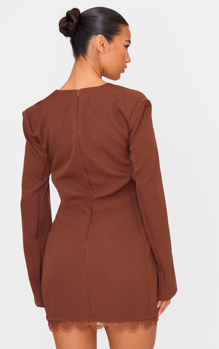 Chocolate Woven Lace Trim Detail Blazer Dress