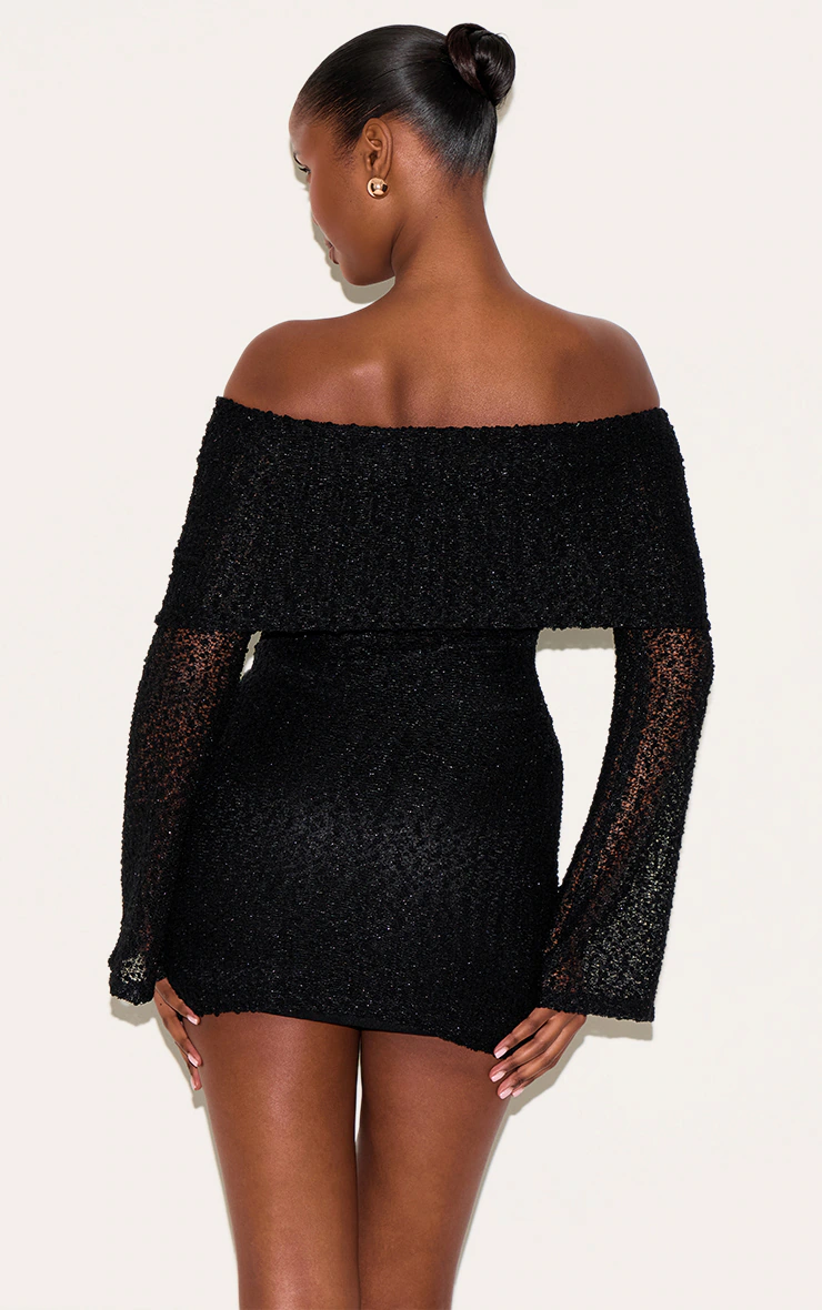Black Textured Bardot Flare Long Sleeve Mini Dress