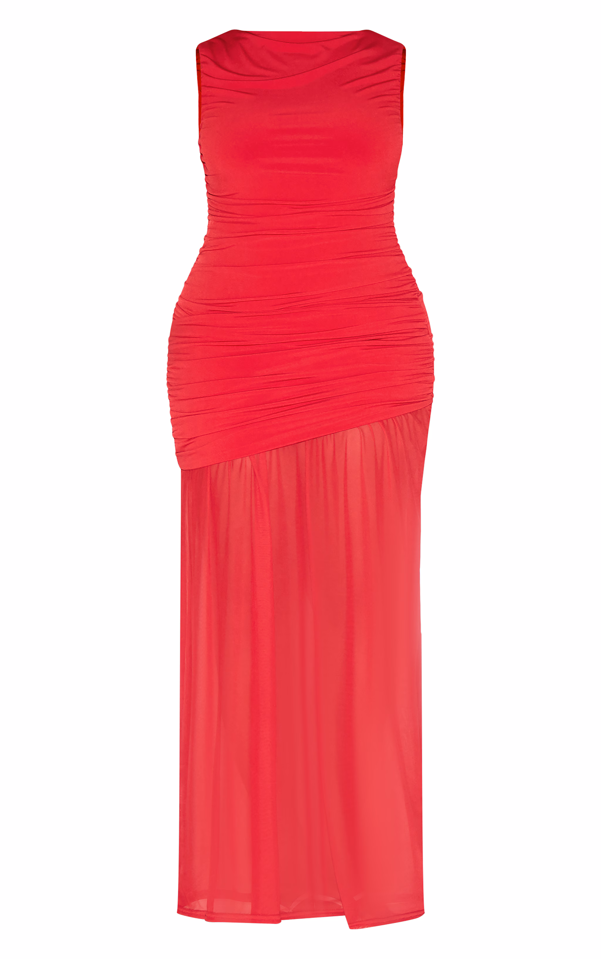 Shape Red Boat Neck Ruched Dropped Hem Maxi Dress