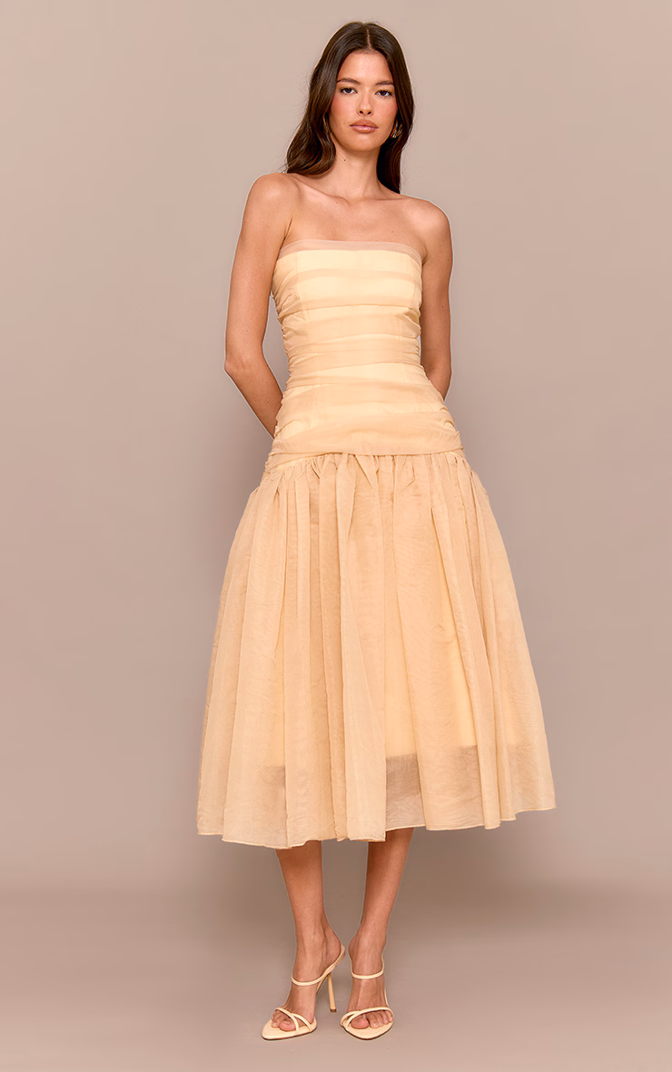 Yellow Organza Ruched Bodice Midi Dress