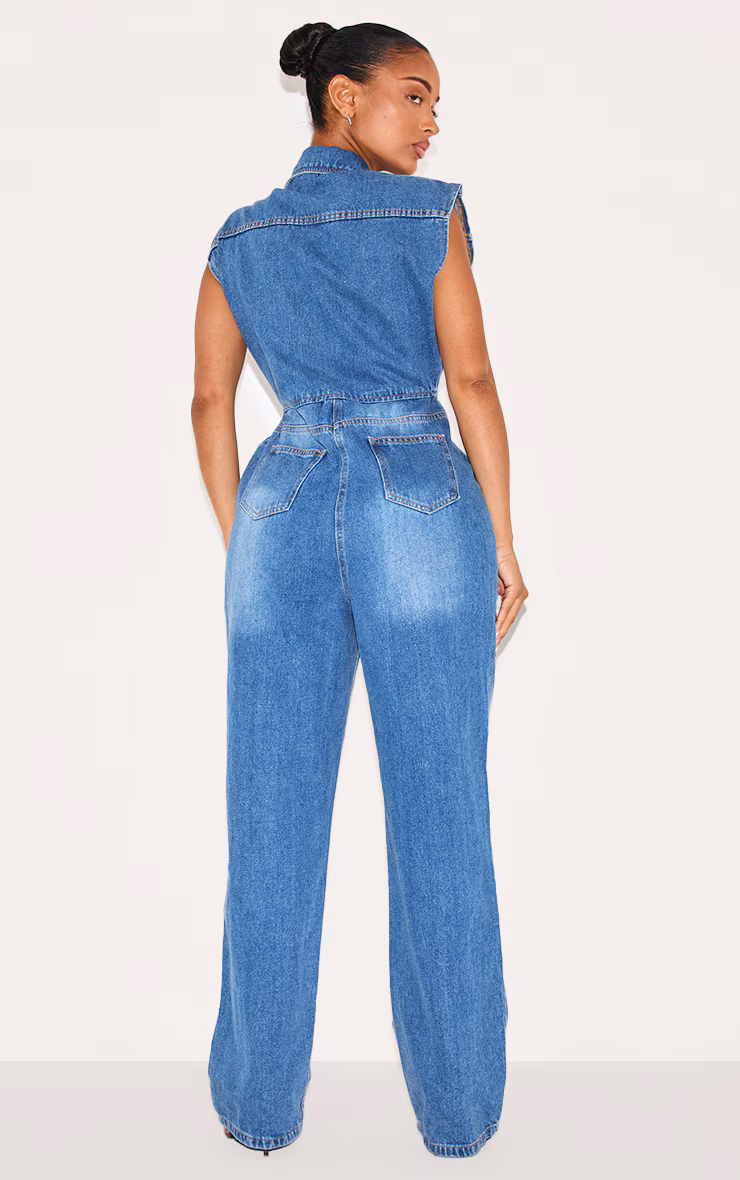 Shape Mid Blue Wash Sleeveless Rigid Denim Jumpsuit