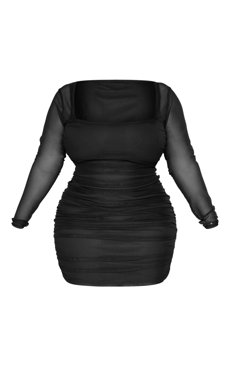 Plus Black Mesh Square Neck Ruched Bodycon Dress