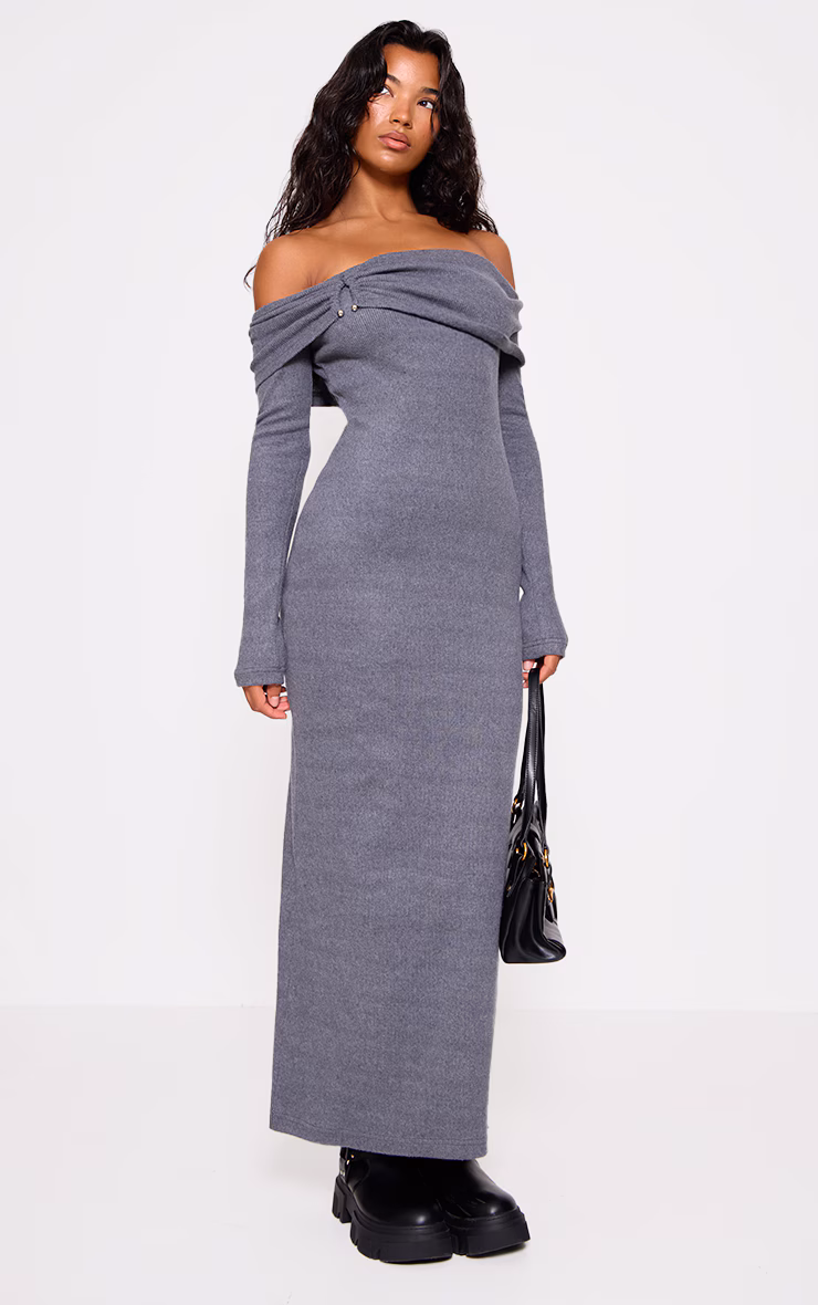 Charcoal Heavy Brushed Rib Bardot Trim Maxi Dress