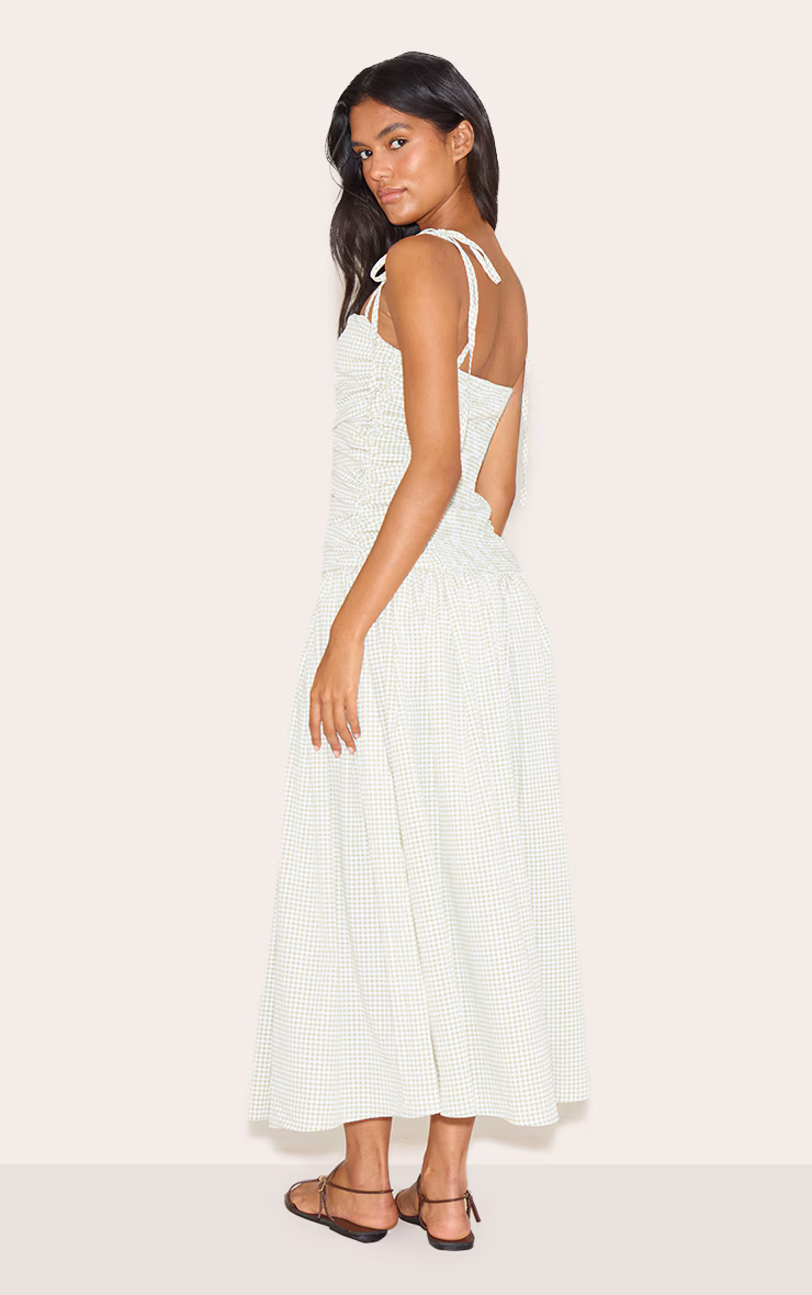 Sage Green Check Ruched Detail Strappy Maxi Dress