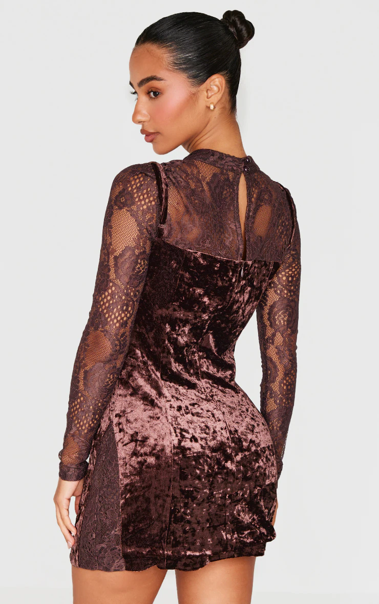 Petite Chocolate Crushed Velvet Long Sleeve Lace Detail Mini Dress