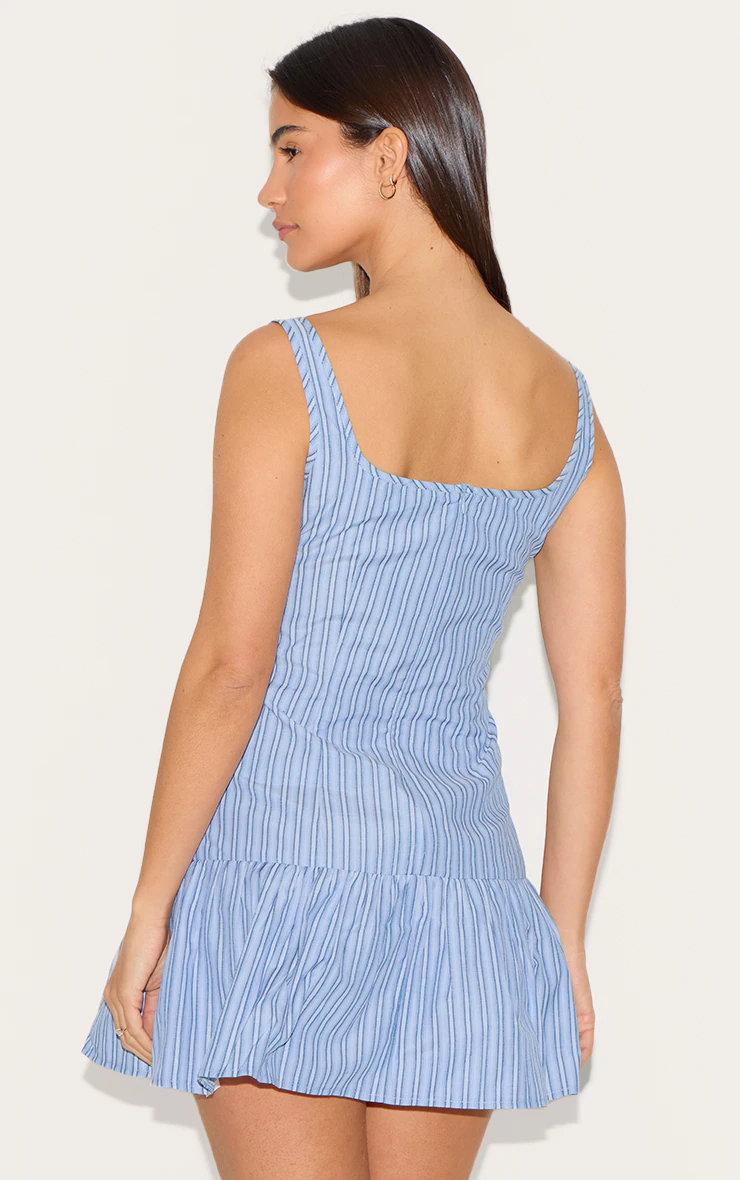 Blue Striped Sleeveless Straight Neck Shift Dress