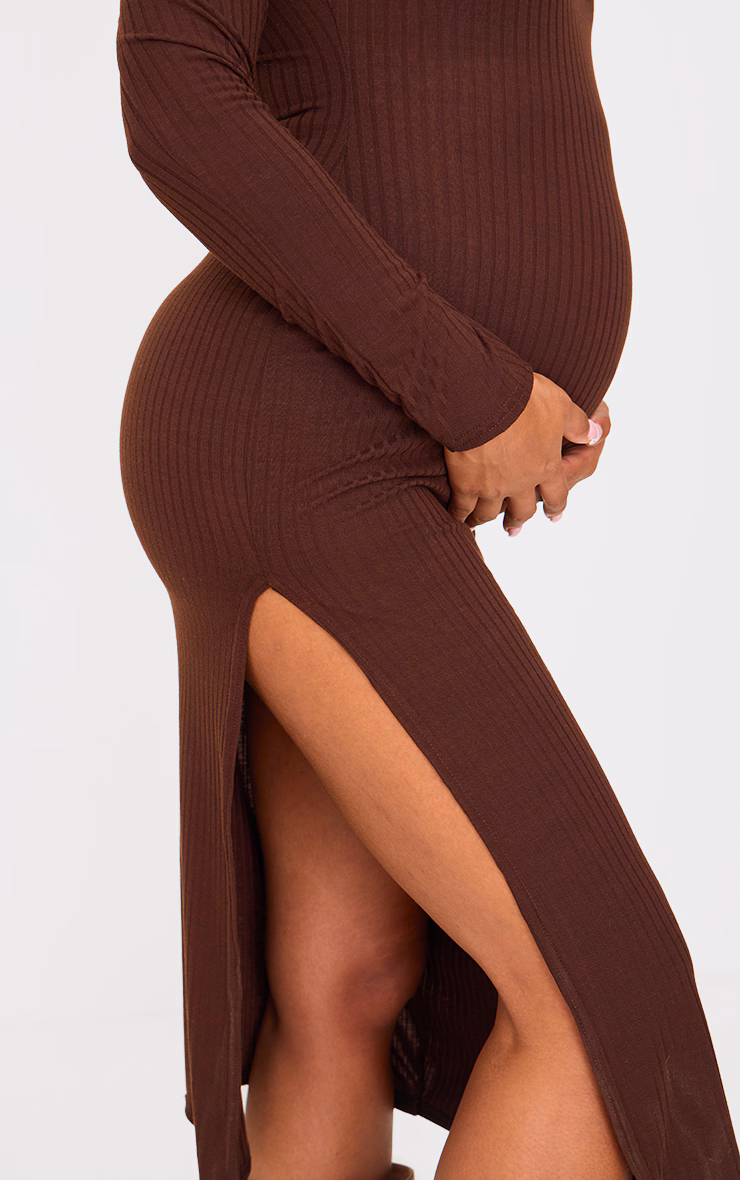 Maternity Dark Chocolate Ribbed Long Sleeve Midi Dress