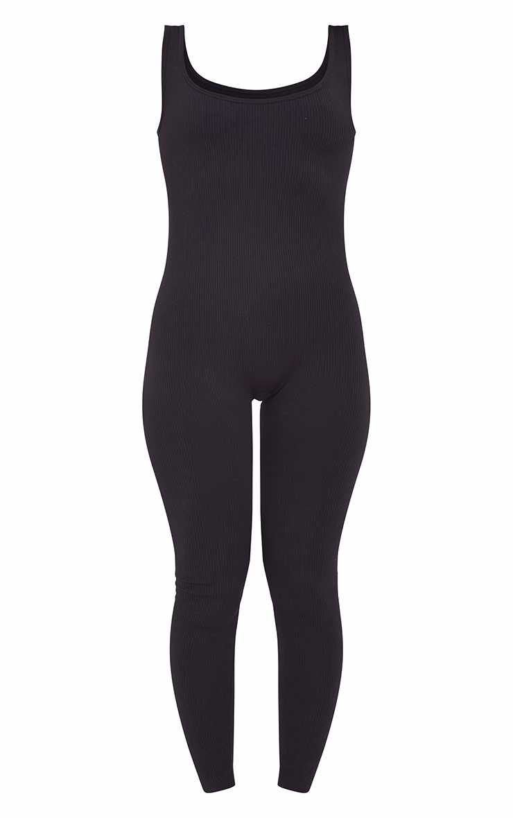 Black Structured Snatched Ribbed Scoop Neck Jumpsuit