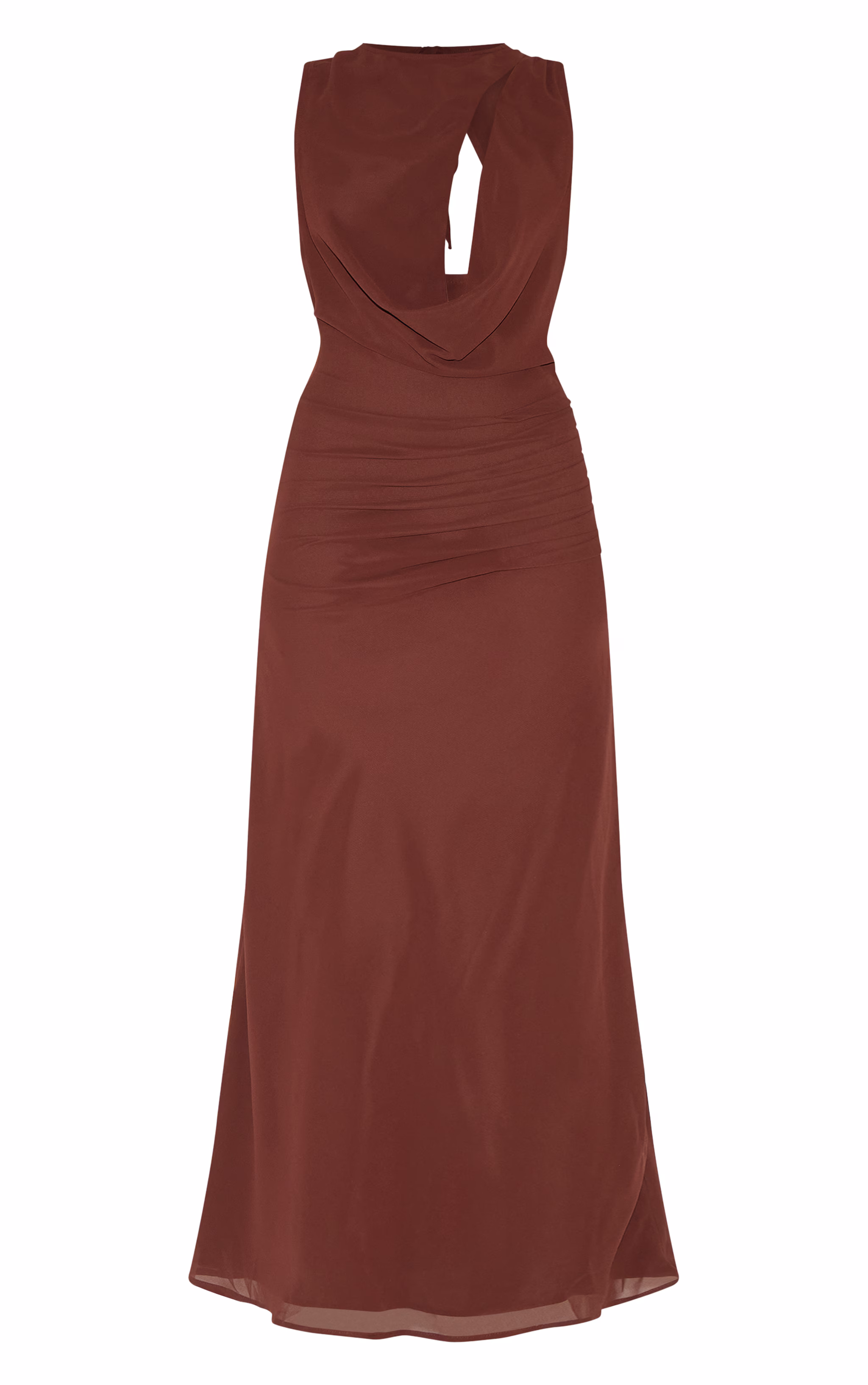 Chocolate Chiffon Keyhole Ruched Detail Maxi Dress
