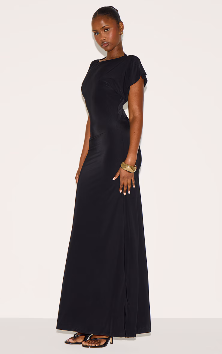 Black Double Layered Slinky Ruched Short Sleeve Maxi Dress