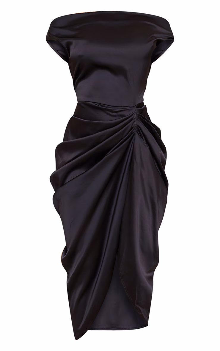 Black Satin Off The Shoulder Draped Skirt Midi Dress