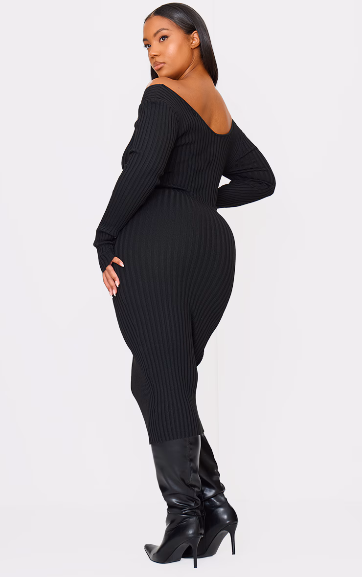 Plus Black Off Shoulder Rib Knitted Midaxi Dress