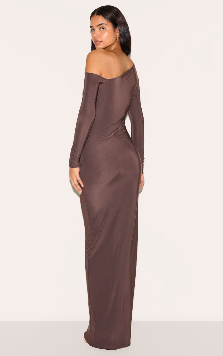 Tall Deep Chocolate Double Slinky Asymmetric Neckline Maxi Dress