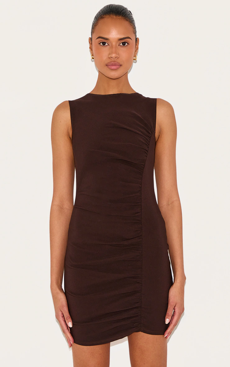 Chocolate Stretch Woven Ruched Bodycon Dress