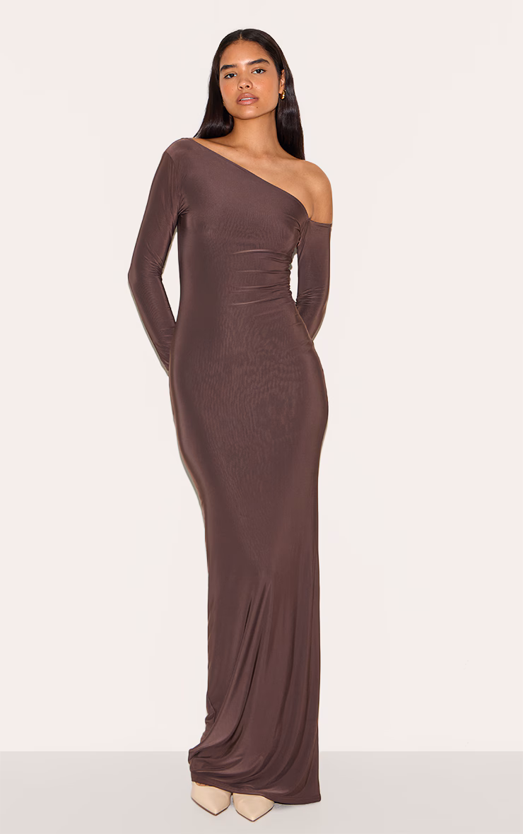 Tall Deep Chocolate Double Slinky Asymmetric Neckline Maxi Dress
