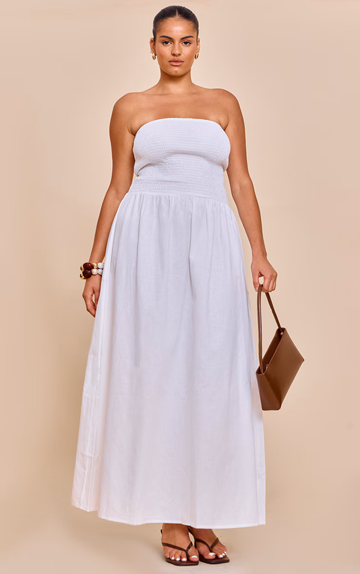 Plus White Bandeau Shirred Detail Maxi Dress