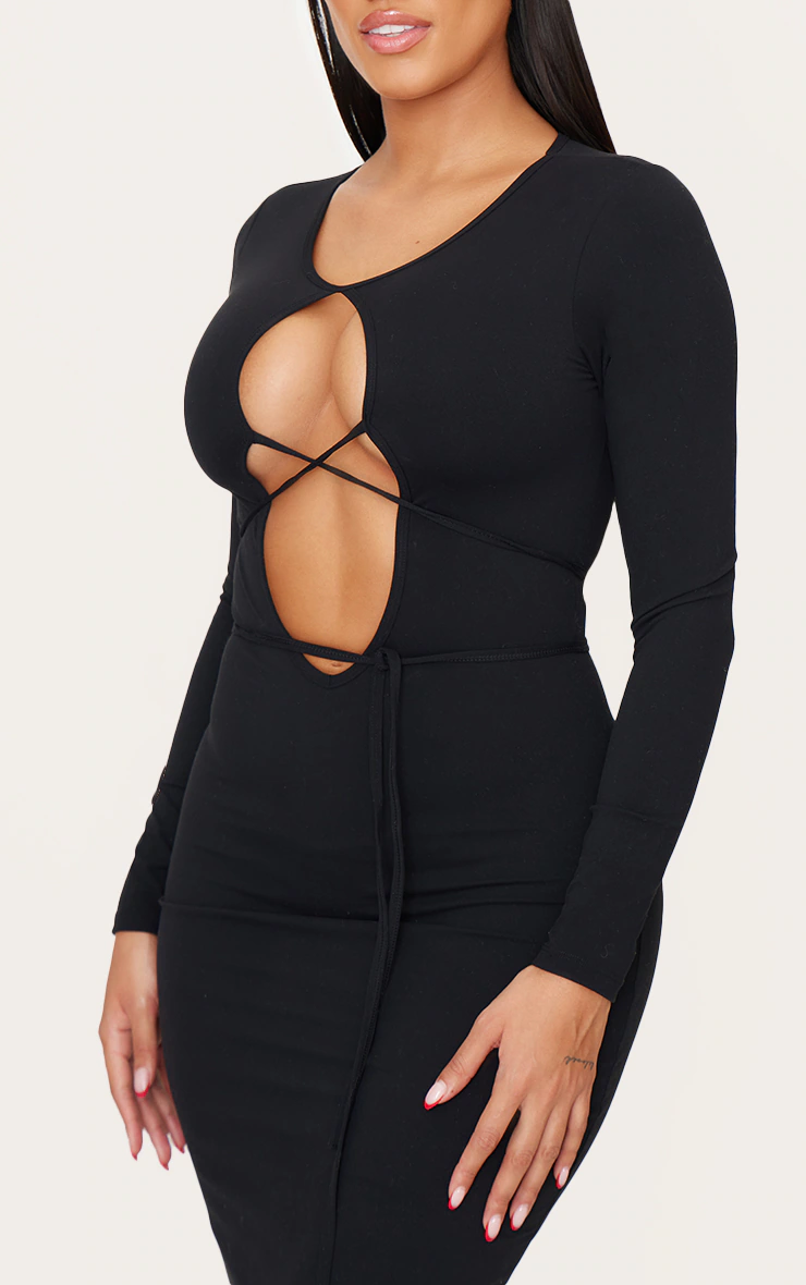 Shape Black Sculpt Plunge Front Strappy Waist Long Sleeve Maxi Dress