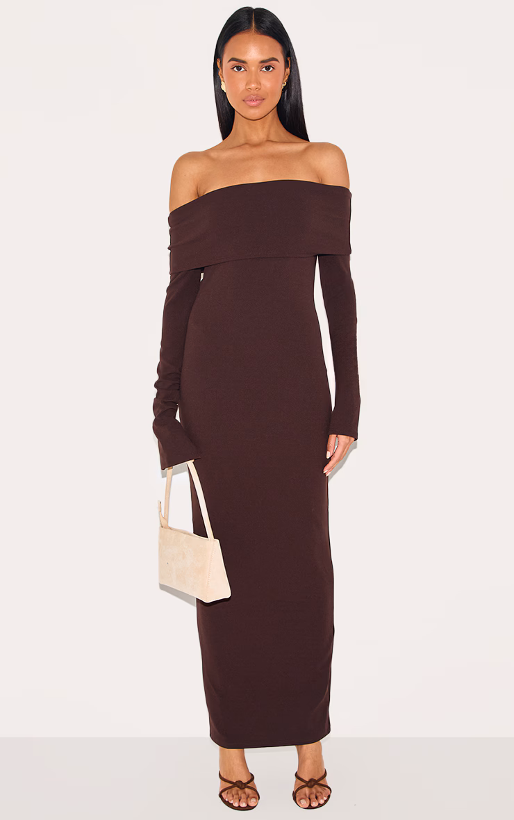 Chocolate Crepe Long Sleeve Bardot Maxi Dress