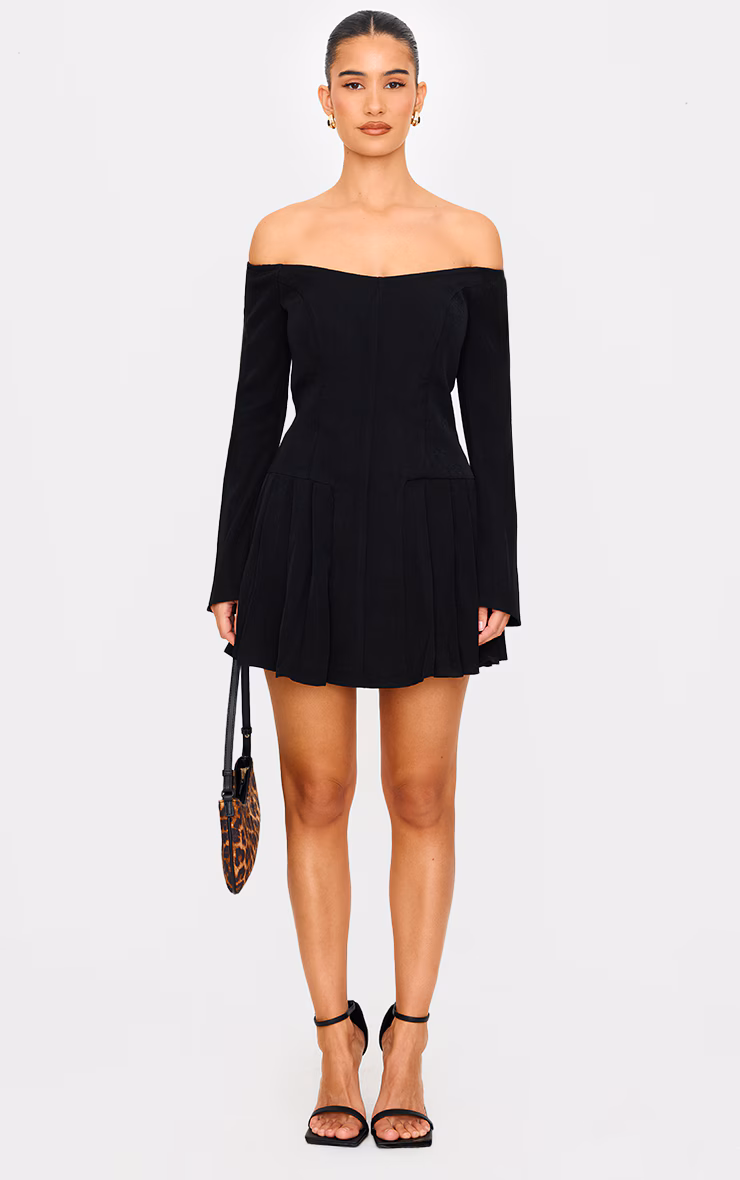 Black Woven Bardot Long Sleeve Shift Dress