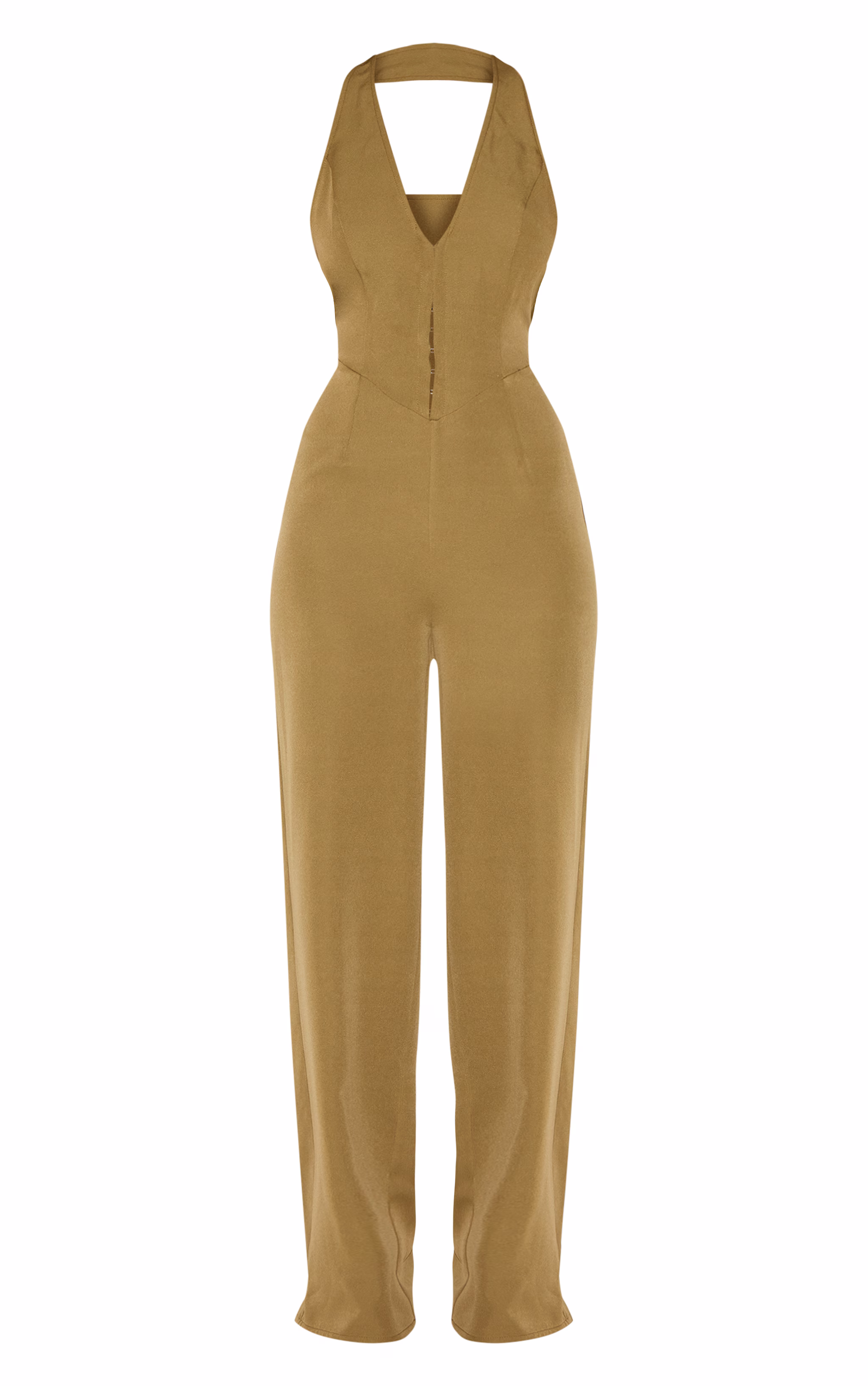Khaki Woven Halter Neck Hook And Eye Detail Wide Leg Jumpsuit