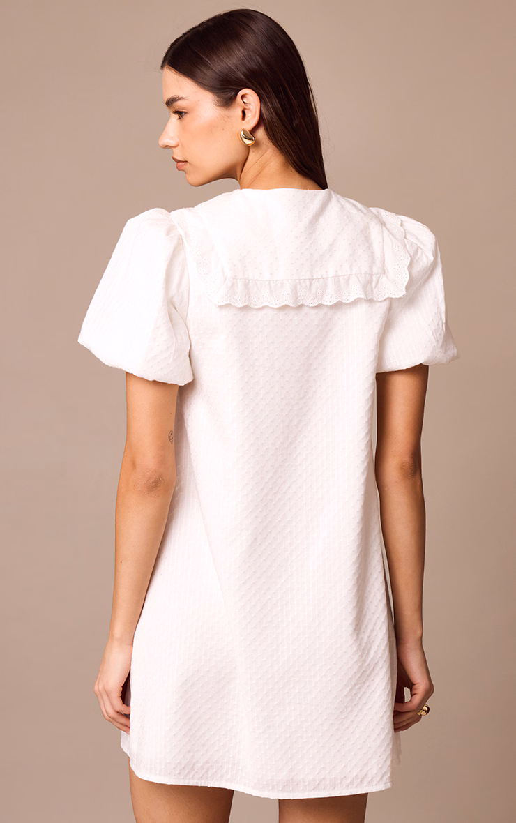 White Embroidered Cotton Lace Trim Puff Sleeve Shirt Dress