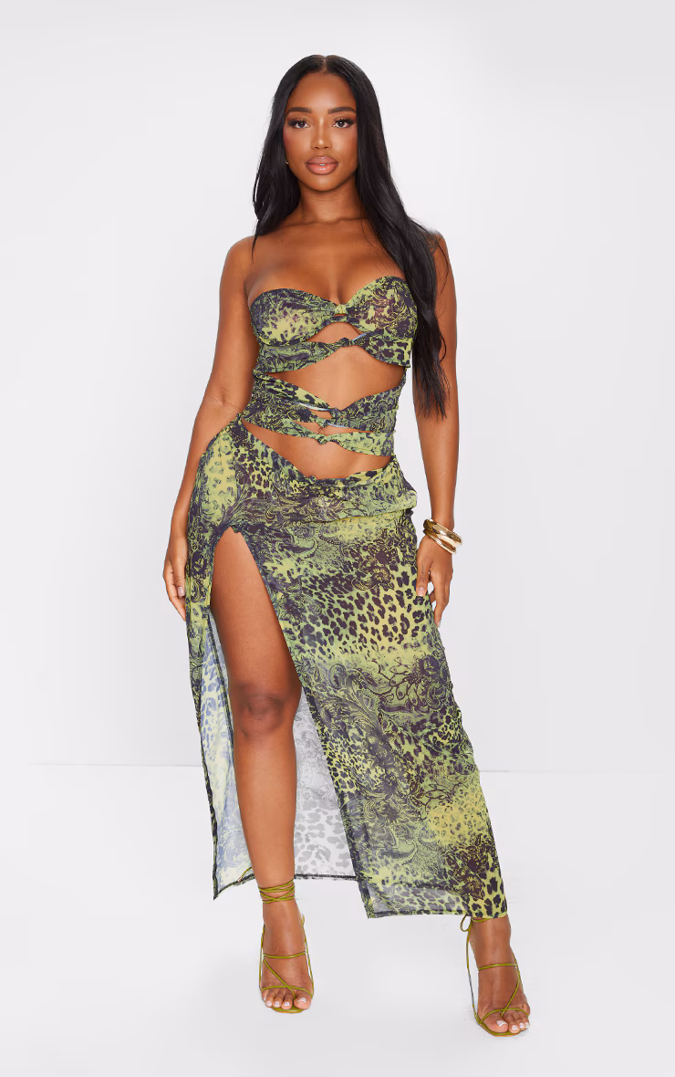 Shape Green Chiffon Leopard Printed Bandeau Cut Out Split Maxi Dress