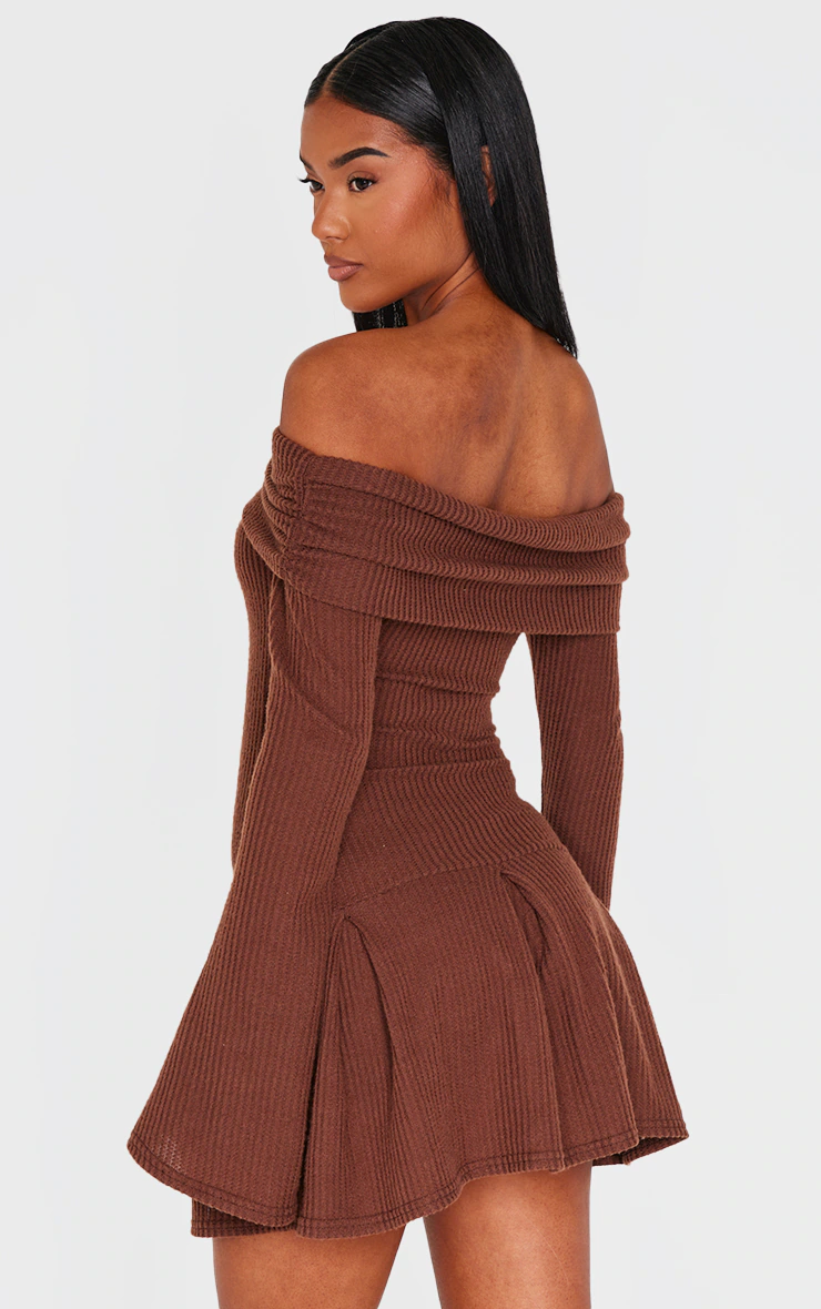 Chocolate Waffle Textured Bardot Pleated Shift Dress