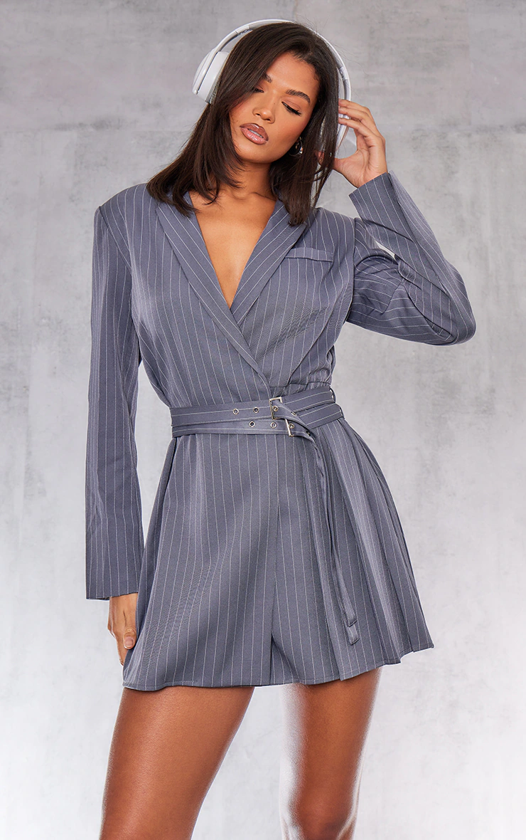 Grey Pinstripe Belted Blazer Dress