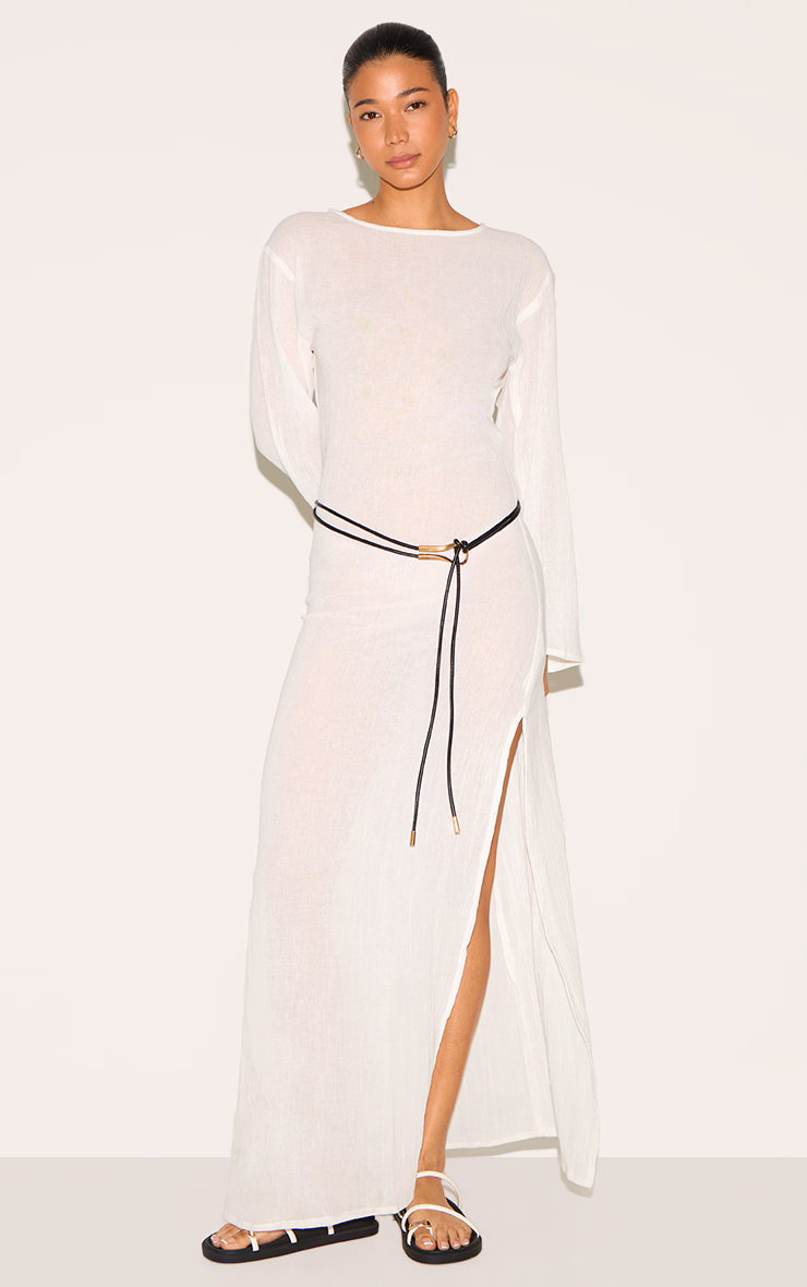 White Textured Long Sleeve Maxi Dress